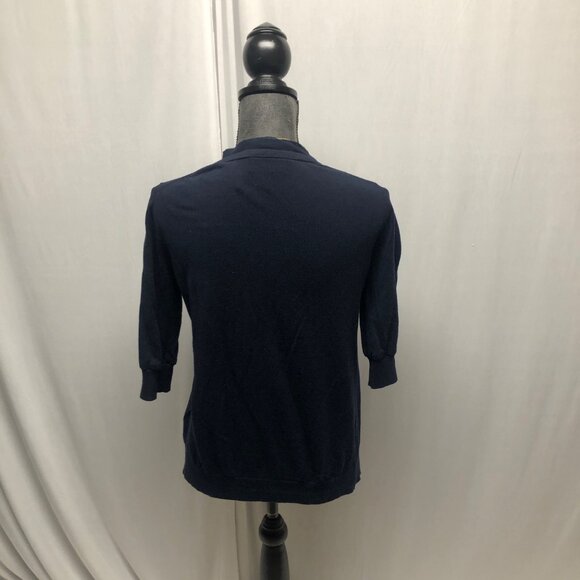 Ann Taylor Loft Cardigan Womens Size Medium Navy Blue Open Front 3-D Floral Trim - Picture 4 of 7